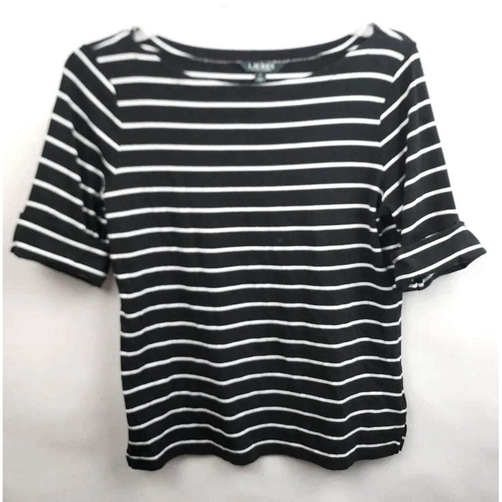 Lauren Ralph Lauren Top Womens XL Black White Striped Boat Neck Short Sleeve